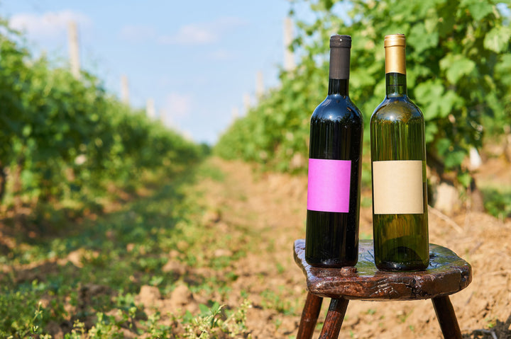 Zwei Flaschen Wein im Weinberg.